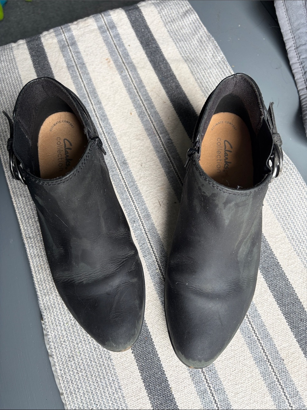 Clarks Black Leather Ankle Booties with Side Buckle